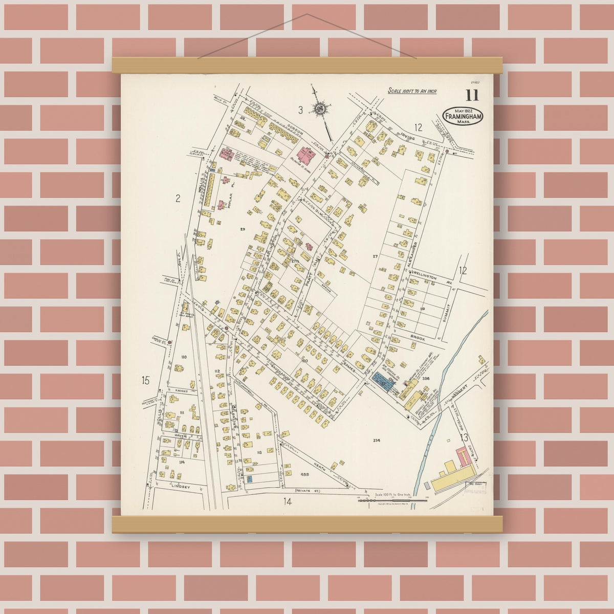 Old map wall art mockup — magnetic wood frame on brick wall — Sanborn Fire Insurance Map from Framingham, Middlesex County, Massachusetts (1922), Sheet #0011