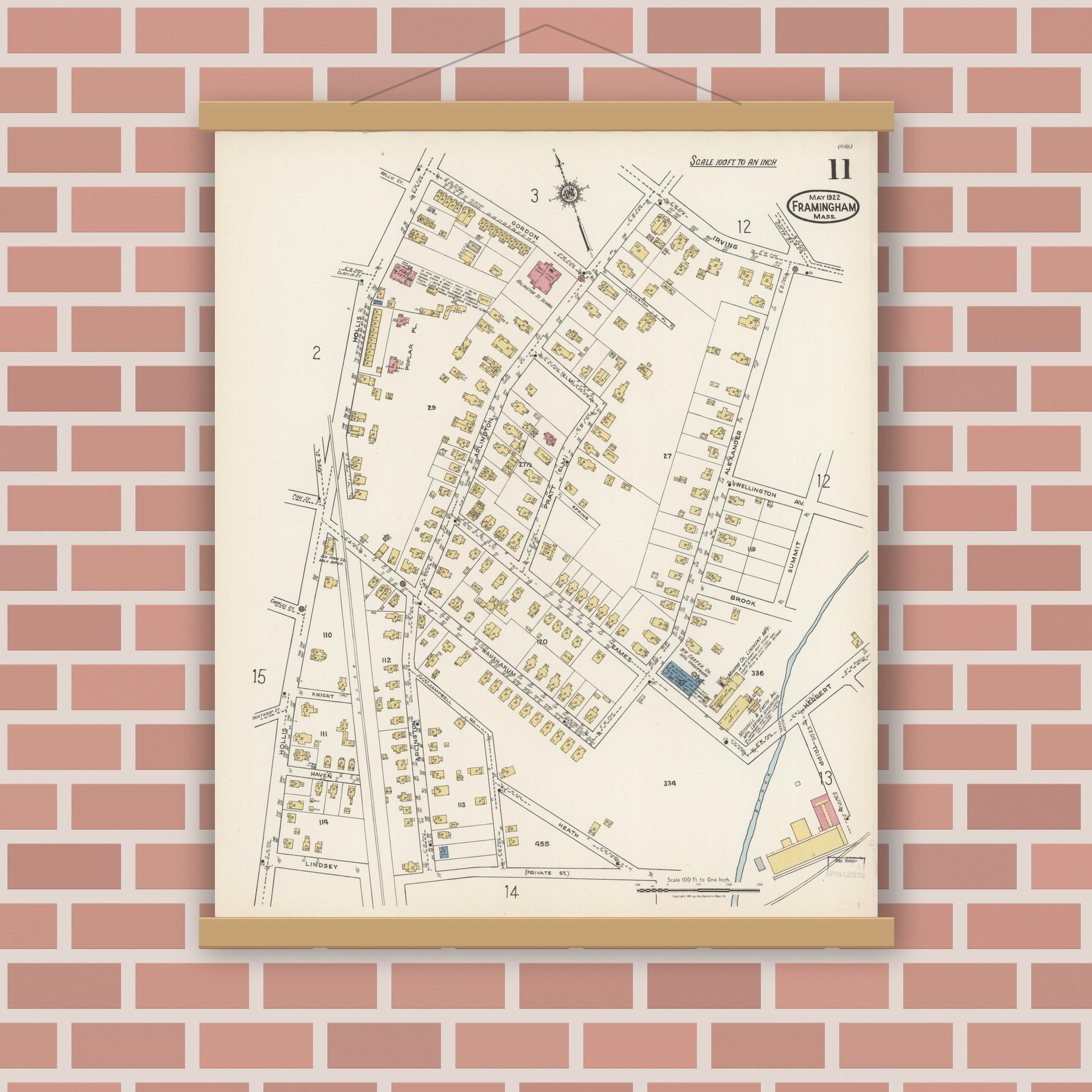Old map wall art mockup — magnetic wood frame on brick wall — Sanborn Fire Insurance Map from Framingham, Middlesex County, Massachusetts (1922), Sheet #0011