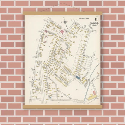 Old map wall art mockup — magnetic wood frame on brick wall — Sanborn Fire Insurance Map from Framingham, Middlesex County, Massachusetts (1922), Sheet #0011