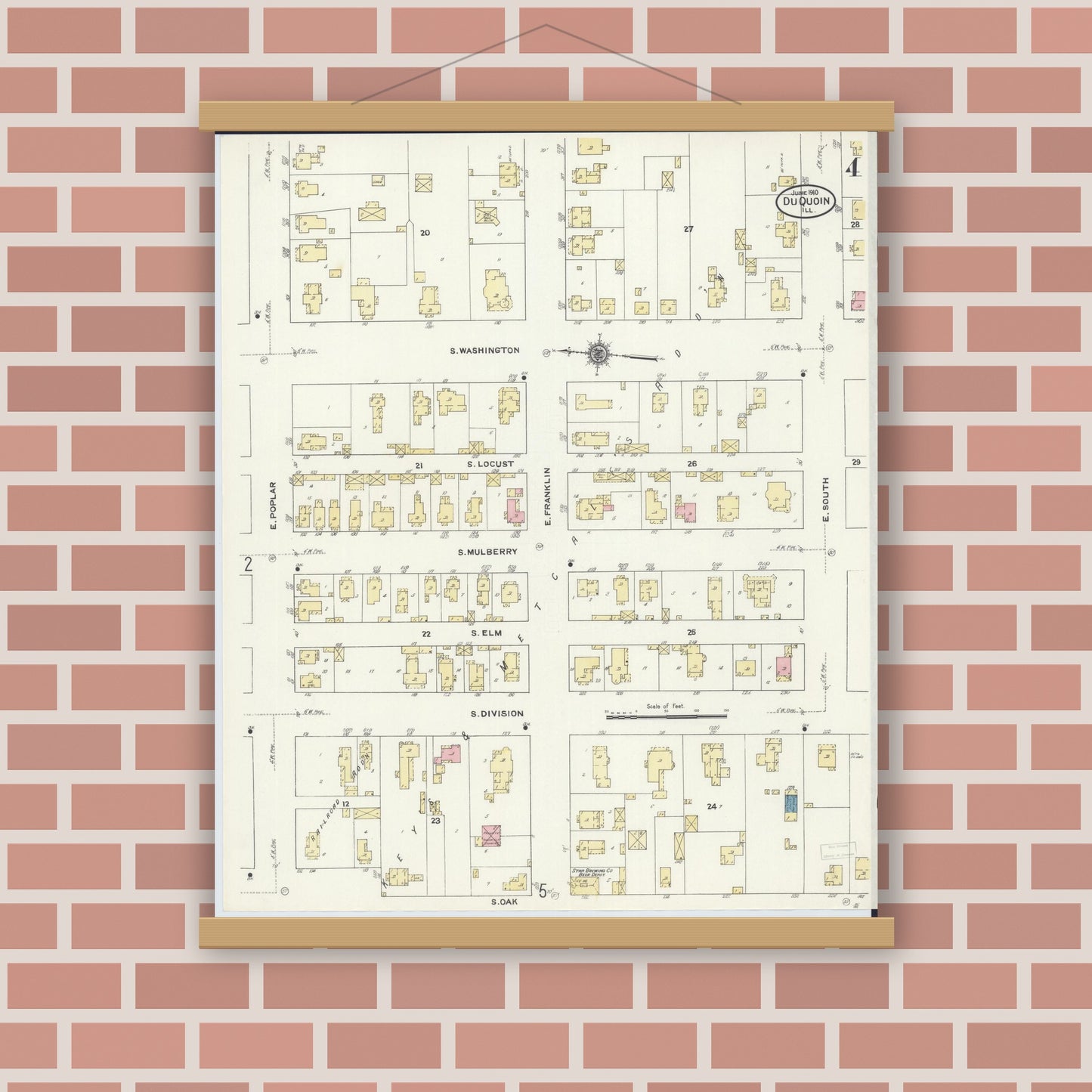 Old map wall art mockup — magnetic wood frame on brick wall — Sanborn Fire Insurance Map from Du Quoin, Perry County, Illinois (1910), Sheet #0004