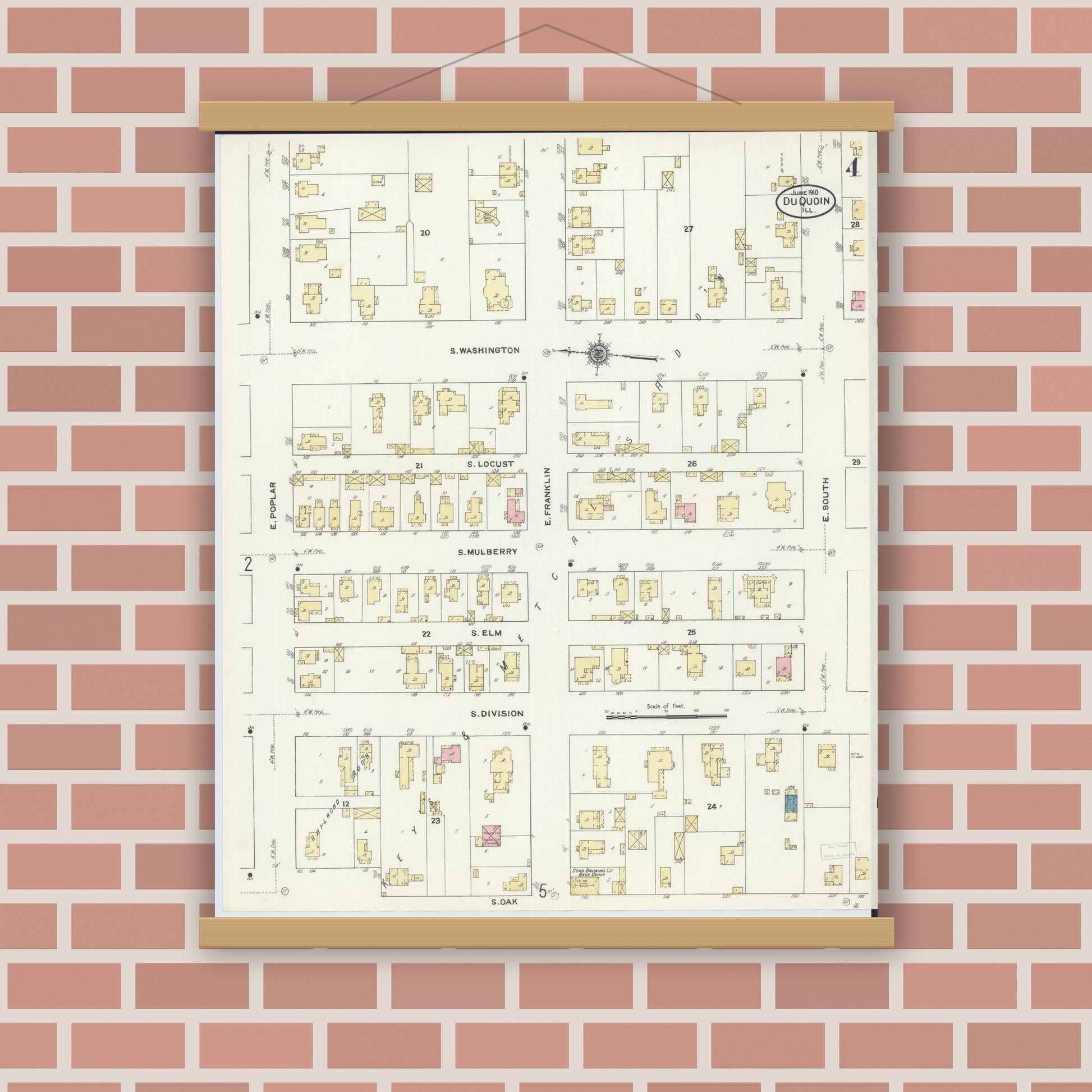 Old map wall art mockup — magnetic wood frame on brick wall — Sanborn Fire Insurance Map from Du Quoin, Perry County, Illinois (1910), Sheet #0004