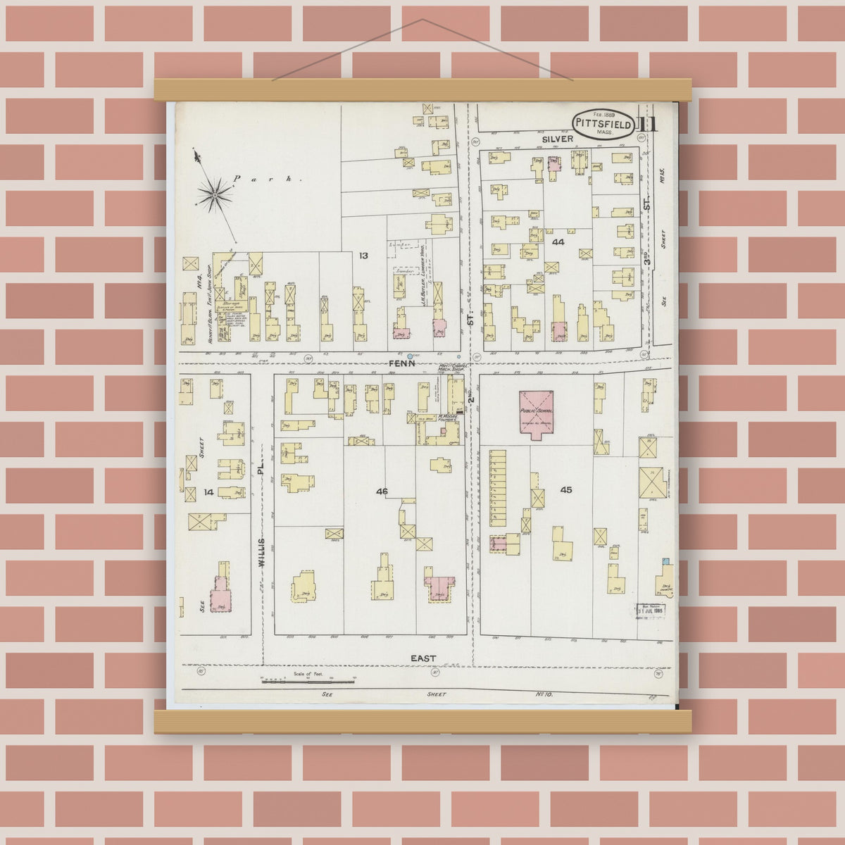 Old map wall art mockup — magnetic wood frame on brick wall — Sanborn Fire Insurance Map from Pittsfield, Berkshire County, Massachusetts (1889), Sheet #0011