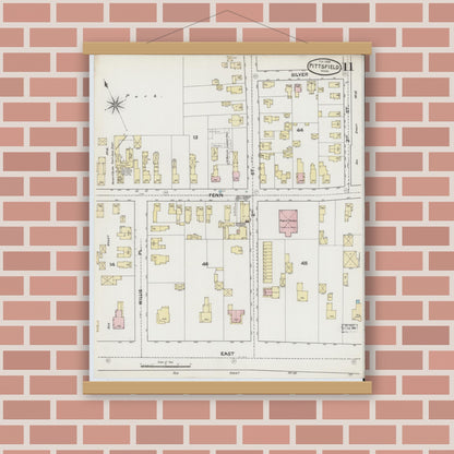 Old map wall art mockup — magnetic wood frame on brick wall — Sanborn Fire Insurance Map from Pittsfield, Berkshire County, Massachusetts (1889), Sheet #0011