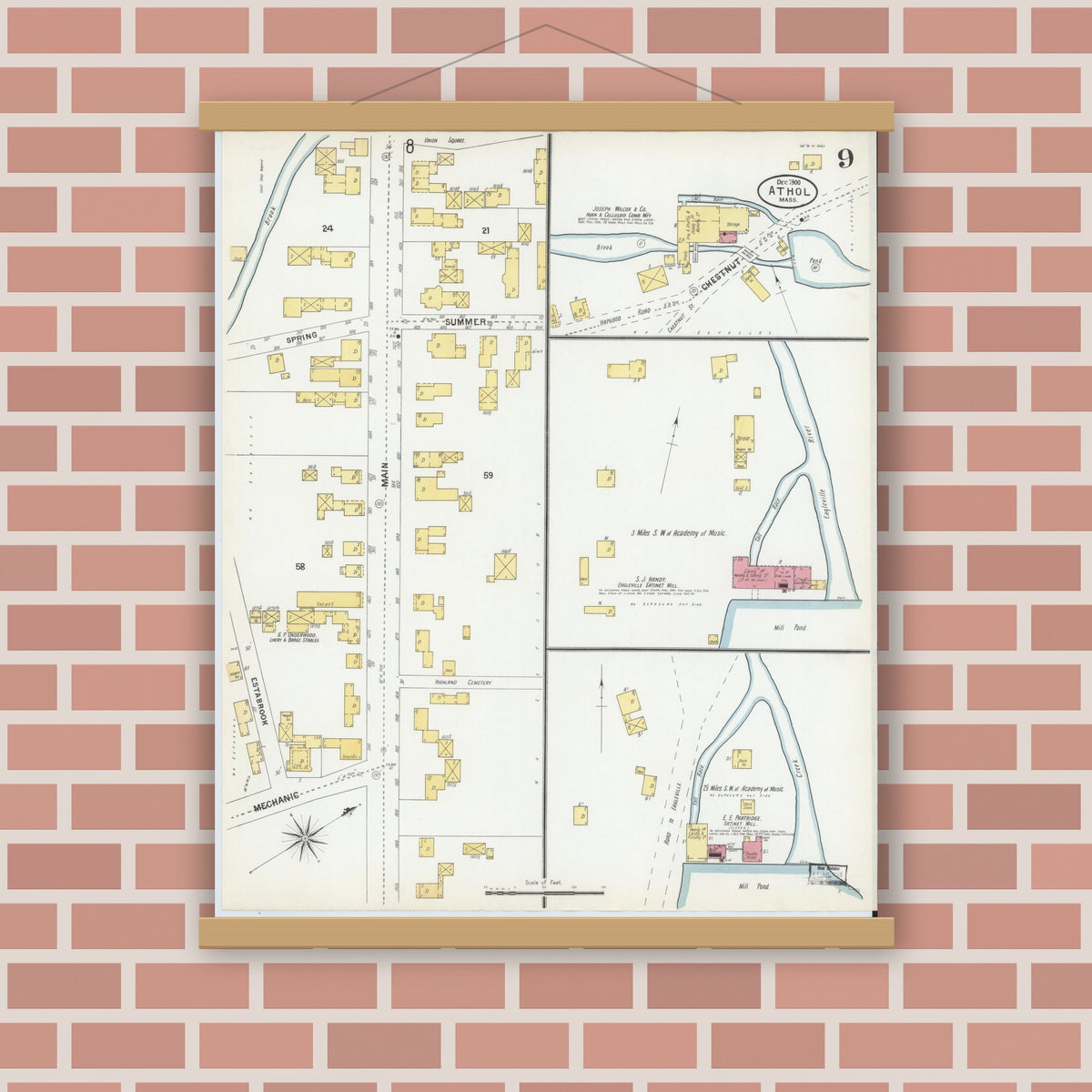 Old map wall art mockup — magnetic wood frame on brick wall — Sanborn Fire Insurance Map from Athol, Worcester County, Massachusetts (1900), Sheet #0009