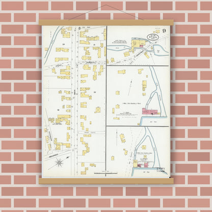 Old map wall art mockup — magnetic wood frame on brick wall — Sanborn Fire Insurance Map from Athol, Worcester County, Massachusetts (1900), Sheet #0009