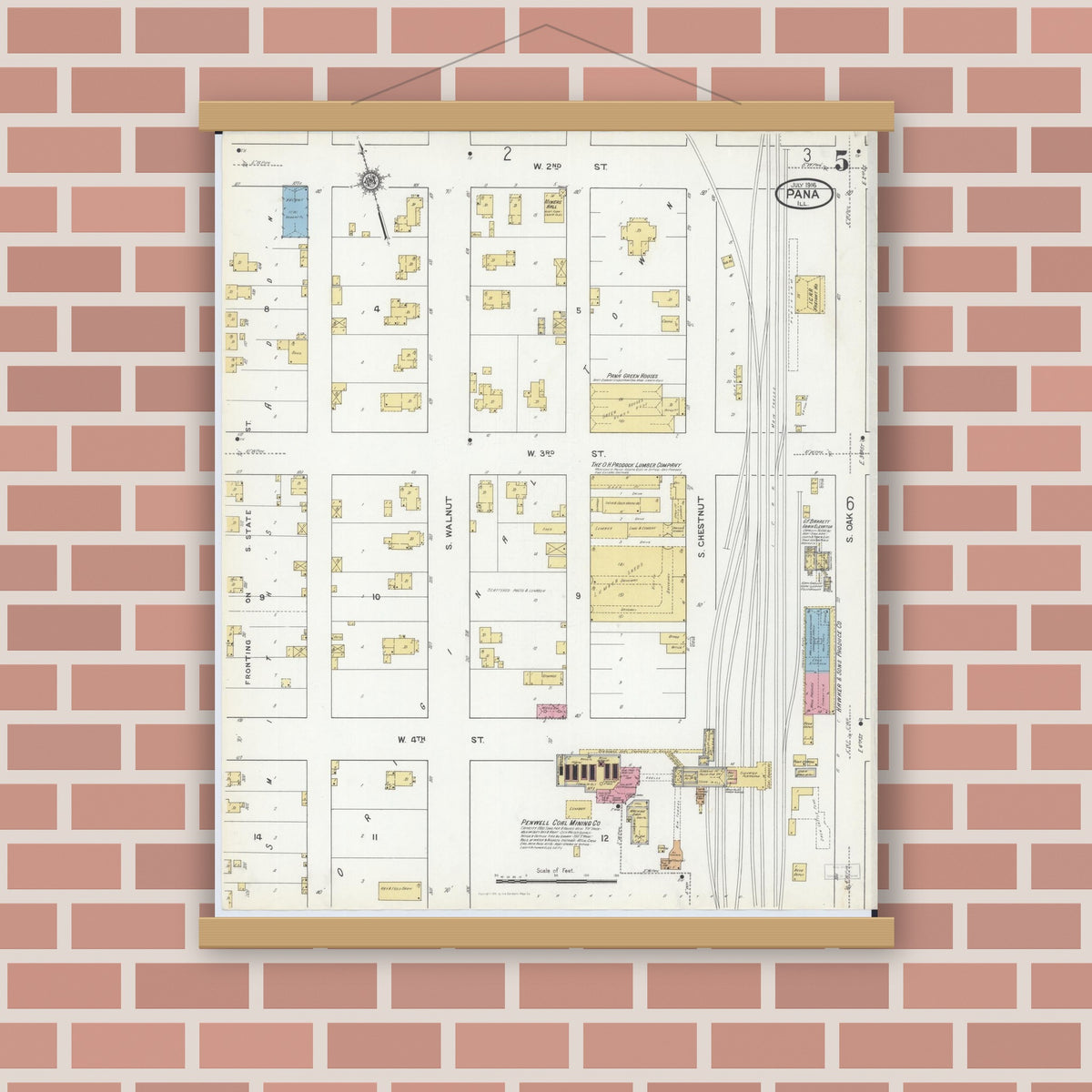 Old map wall art mockup — magnetic wood frame on brick wall — Sanborn Fire Insurance Map from Pana, Christian County, Illinois (1916), Sheet #0005