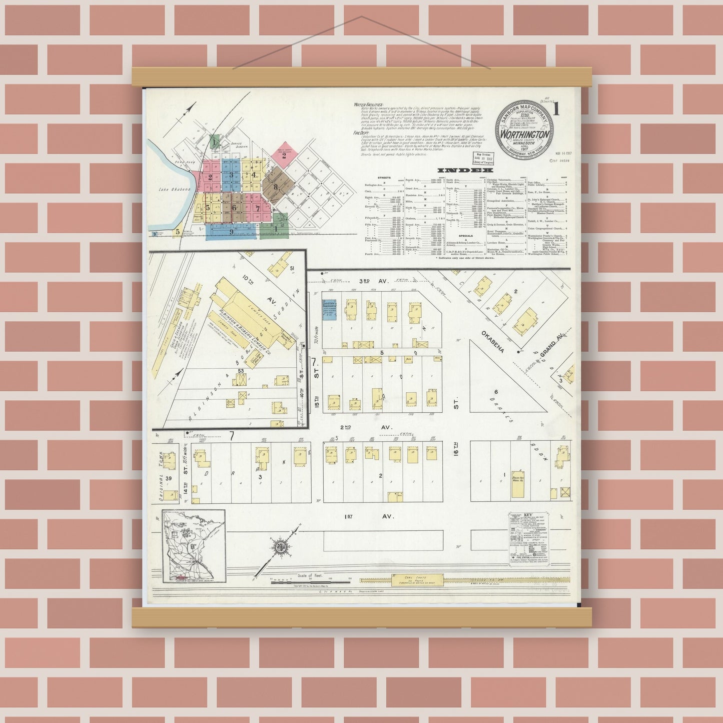 Old map wall art mockup — magnetic wood frame on brick wall — Sanborn Fire Insurance Map from Worthington, Nobles County, Minnesota (1917) - Complete Map Set