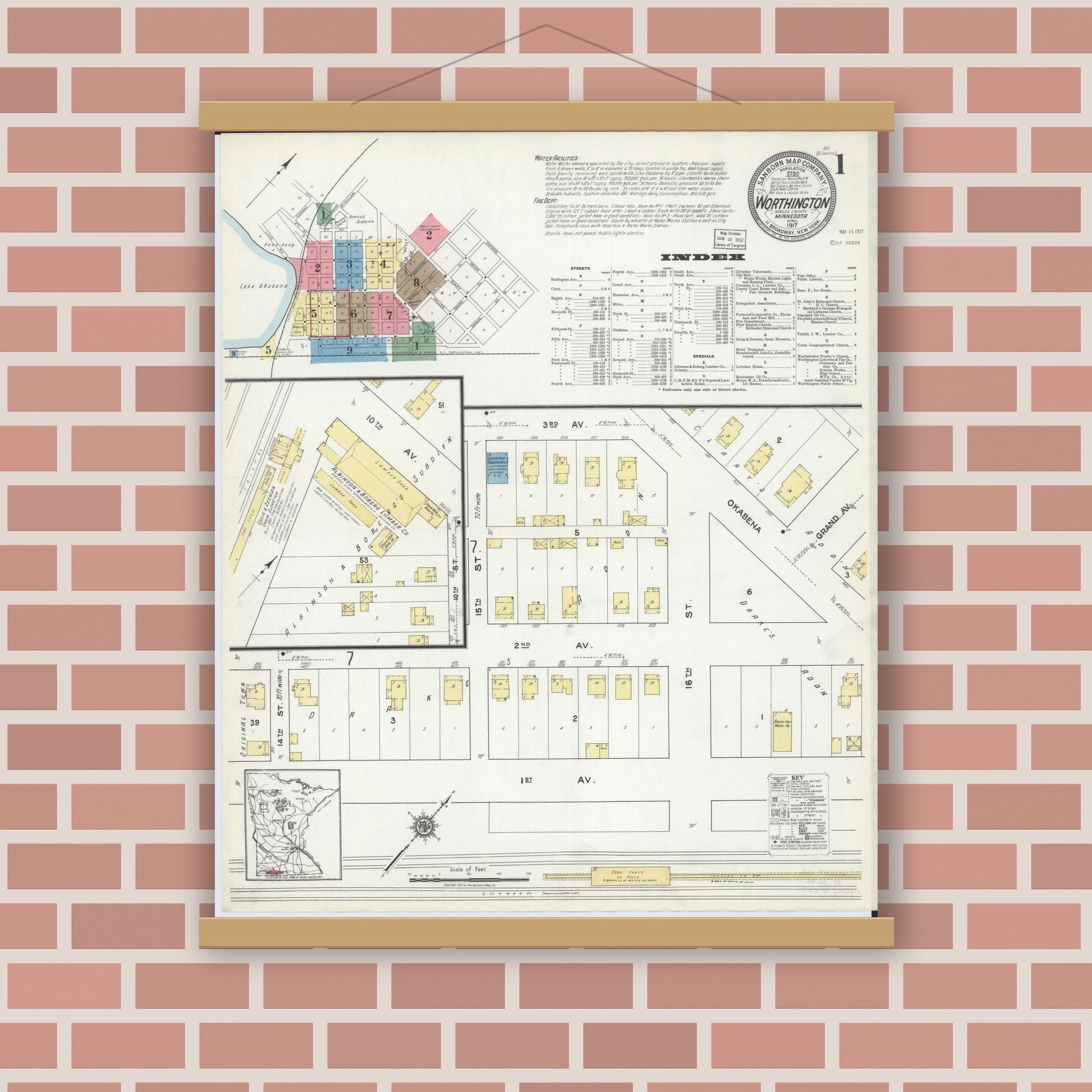 Old map wall art mockup — magnetic wood frame on brick wall — Sanborn Fire Insurance Map from Worthington, Nobles County, Minnesota (1917) - Complete Map Set