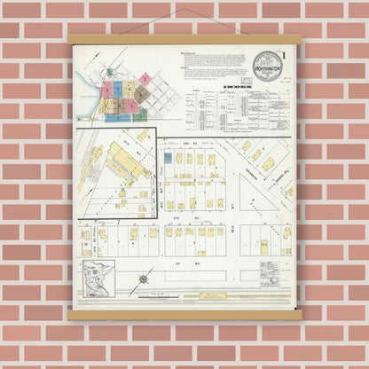 Old map wall art mockup — magnetic wood frame on brick wall — Sanborn Fire Insurance Map from Worthington, Nobles County, Minnesota (1917) - Complete Map Set