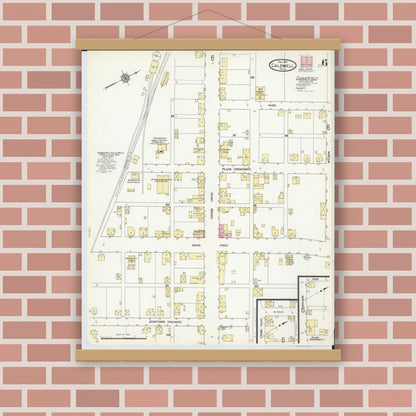 Old map wall art mockup — magnetic wood frame on brick wall — Sanborn Fire Insurance Map from Caldwell, Noble County, Ohio (1911), Sheet #0006