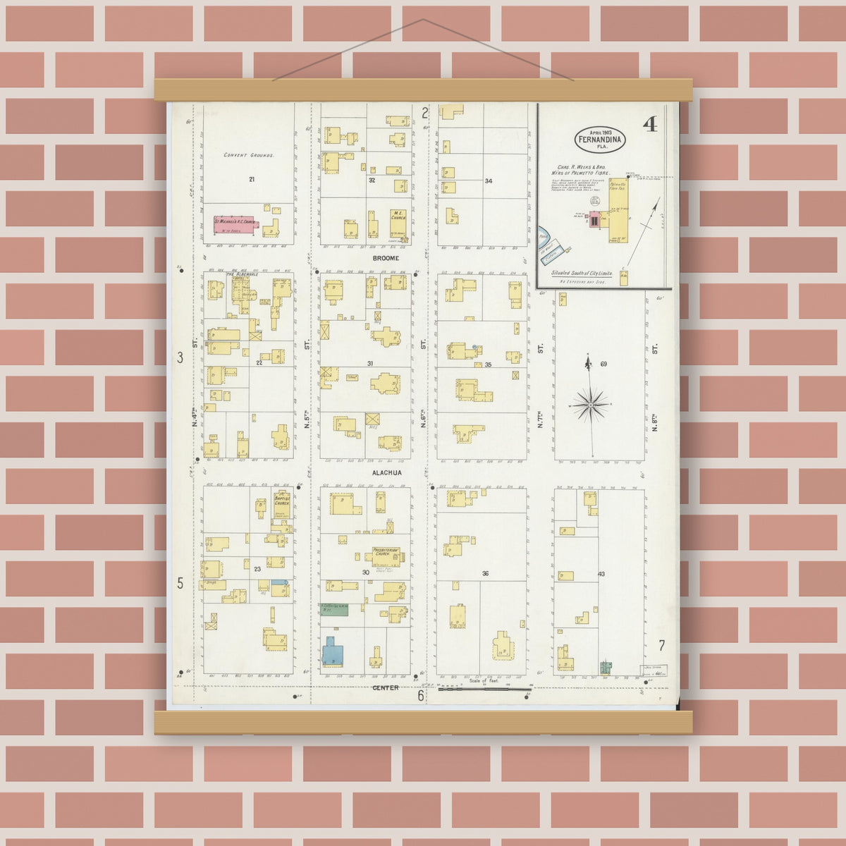 Old map wall art mockup — magnetic wood frame on brick wall — Sanborn Fire Insurance Map from Fernandina, Nassau County, Florida (1903), Sheet #0004