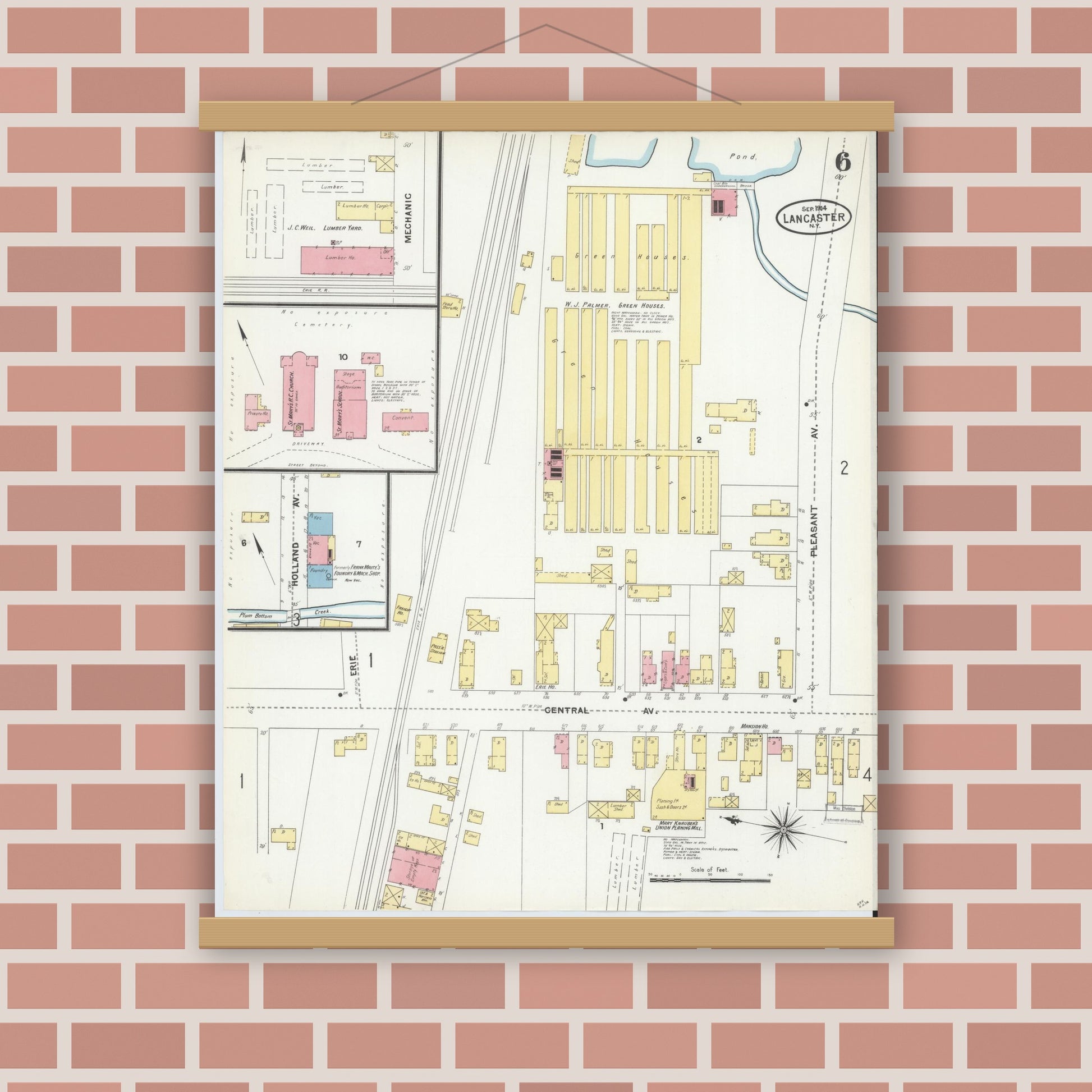 Old map wall art mockup — magnetic wood frame on brick wall — Sanborn Fire Insurance Map from Lancaster, Erie County, New York (1904), Sheet #0006