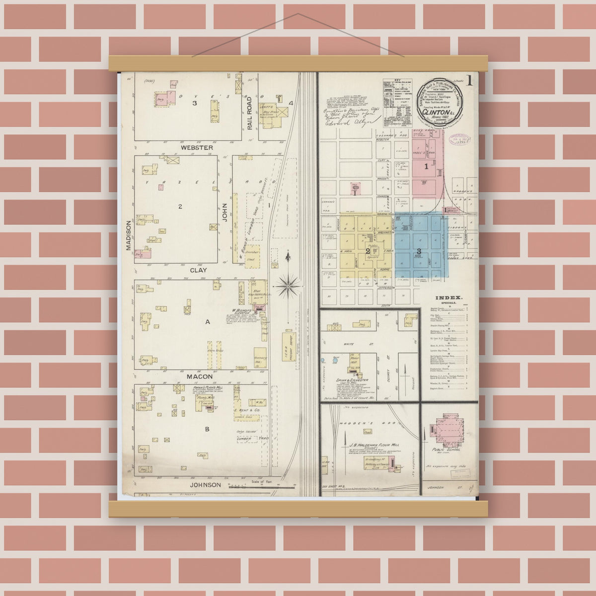 Old map wall art mockup — magnetic wood frame on brick wall — Sanborn Fire Insurance Map from Clinton, De Witt County, Illinois (1887), Sheet #0001