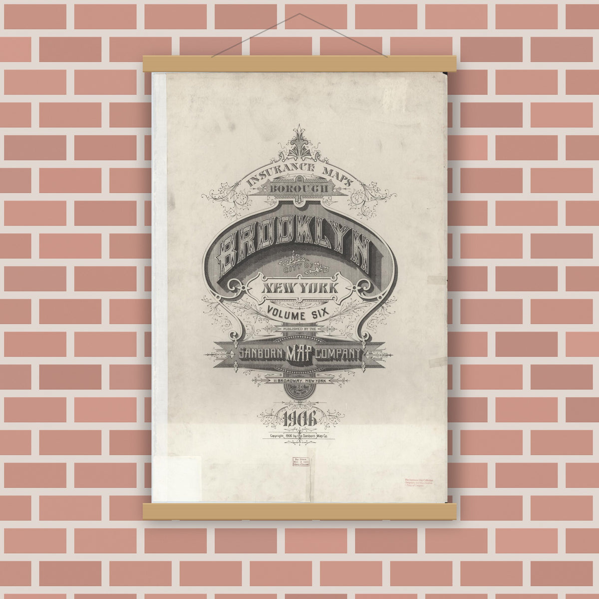 Old map wall art mockup — magnetic wood frame on brick wall — Sanborn Fire Insurance Map from Brooklyn, Kings County, New York (1906), Sheet #0001