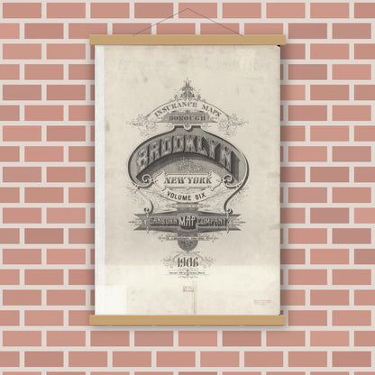 Old map wall art mockup — magnetic wood frame on brick wall — Sanborn Fire Insurance Map from Brooklyn, Kings County, New York (1906), Sheet #0001