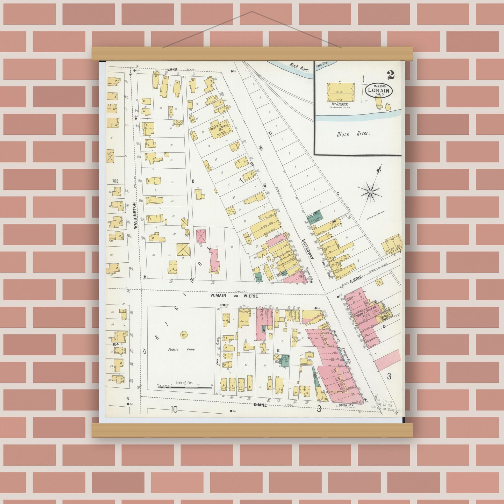 Old map wall art mockup — magnetic wood frame on brick wall — Sanborn Fire Insurance Map from Lorain, Lorain County, Ohio (1900), Sheet #0002