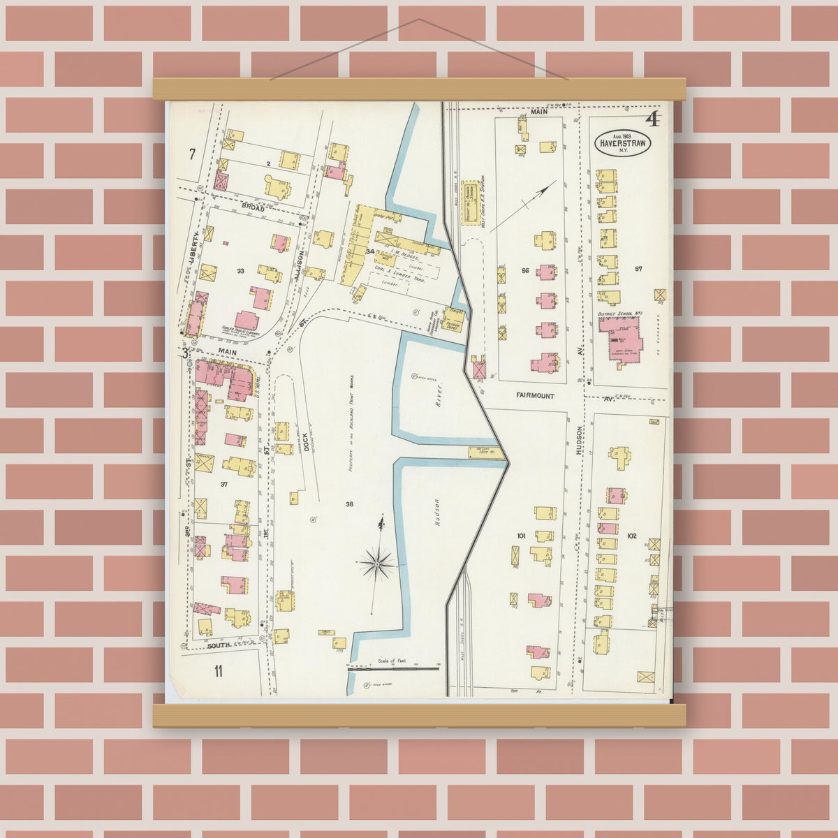 Old map wall art mockup — magnetic wood frame on brick wall — Sanborn Fire Insurance Map from Haverstraw, Rockland County, New York (1903), Sheet #0004