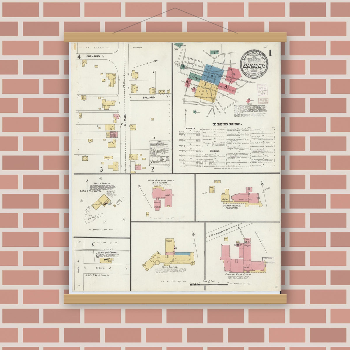 Old map wall art mockup — magnetic wood frame on brick wall — Sanborn Fire Insurance Map from Bedford, Independent Cities, Virginia (1902), Sheet #0001