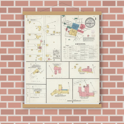 Old map wall art mockup — magnetic wood frame on brick wall — Sanborn Fire Insurance Map from Bedford, Independent Cities, Virginia (1902), Sheet #0001