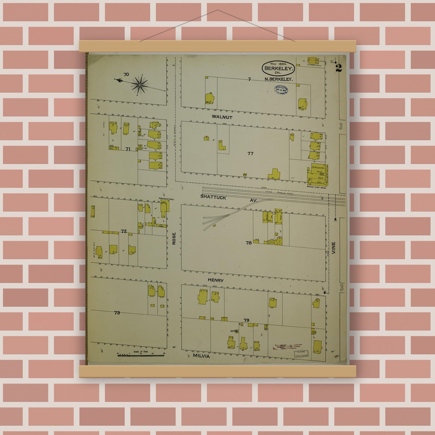 Old map wall art mockup — magnetic wood frame on brick wall — Sanborn Fire Insurance Map from Berkeley, Alameda County, California (1894), Sheet #0002