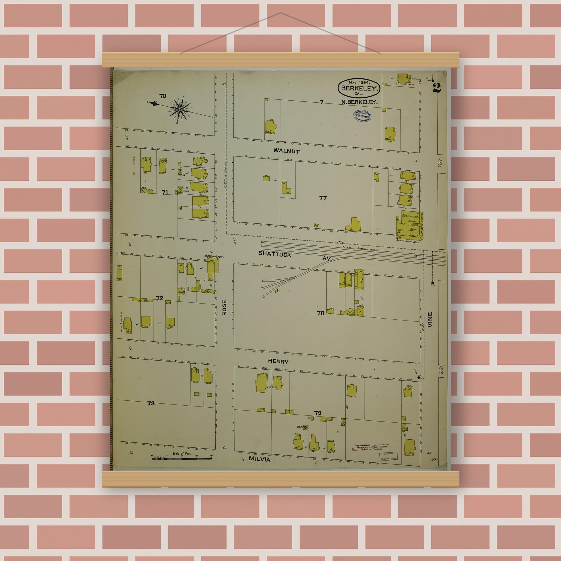 Old map wall art mockup — magnetic wood frame on brick wall — Sanborn Fire Insurance Map from Berkeley, Alameda County, California (1894), Sheet #0002