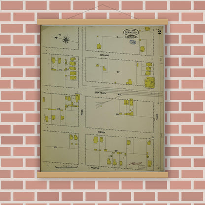 Old map wall art mockup — magnetic wood frame on brick wall — Sanborn Fire Insurance Map from Berkeley, Alameda County, California (1894), Sheet #0002