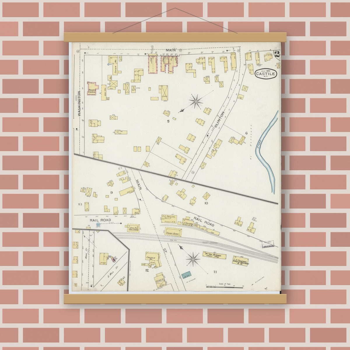 Old map wall art mockup — magnetic wood frame on brick wall — Sanborn Fire Insurance Map from Castile, Wyoming County, New York (1893), Sheet #0002