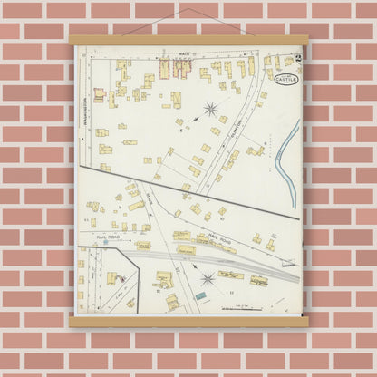 Old map wall art mockup — magnetic wood frame on brick wall — Sanborn Fire Insurance Map from Castile, Wyoming County, New York (1893), Sheet #0002