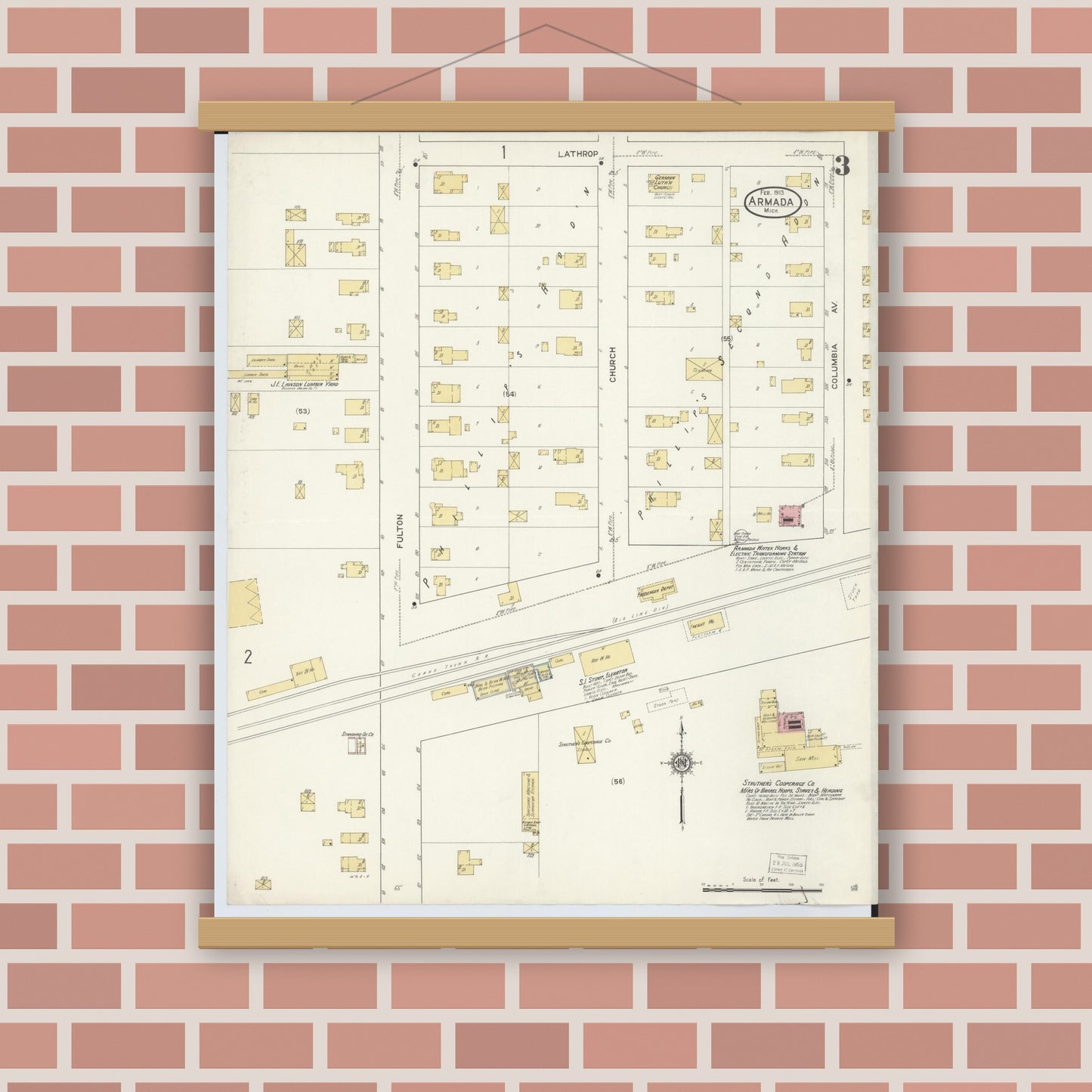 Old map wall art mockup — magnetic wood frame on brick wall — Sanborn Fire Insurance Map from Armada, Macomb County, Michigan (1913), Sheet #0003