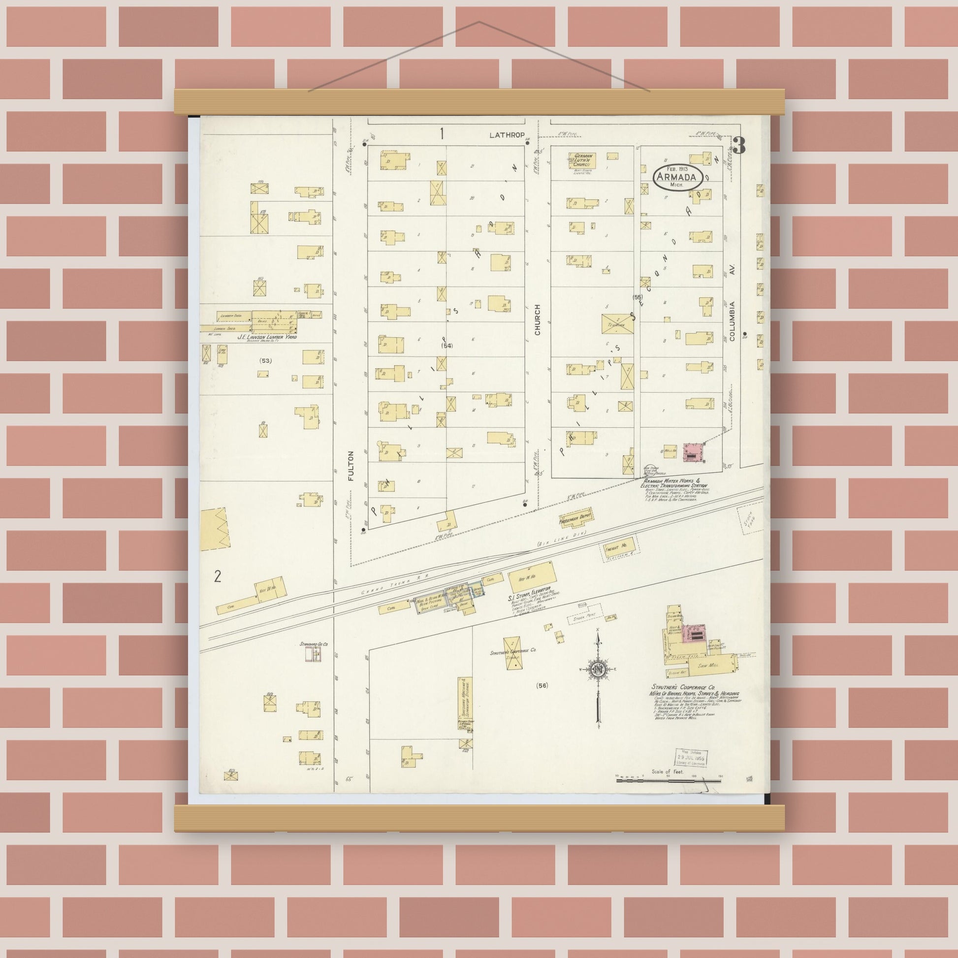 Old map wall art mockup — magnetic wood frame on brick wall — Sanborn Fire Insurance Map from Armada, Macomb County, Michigan (1913), Sheet #0003