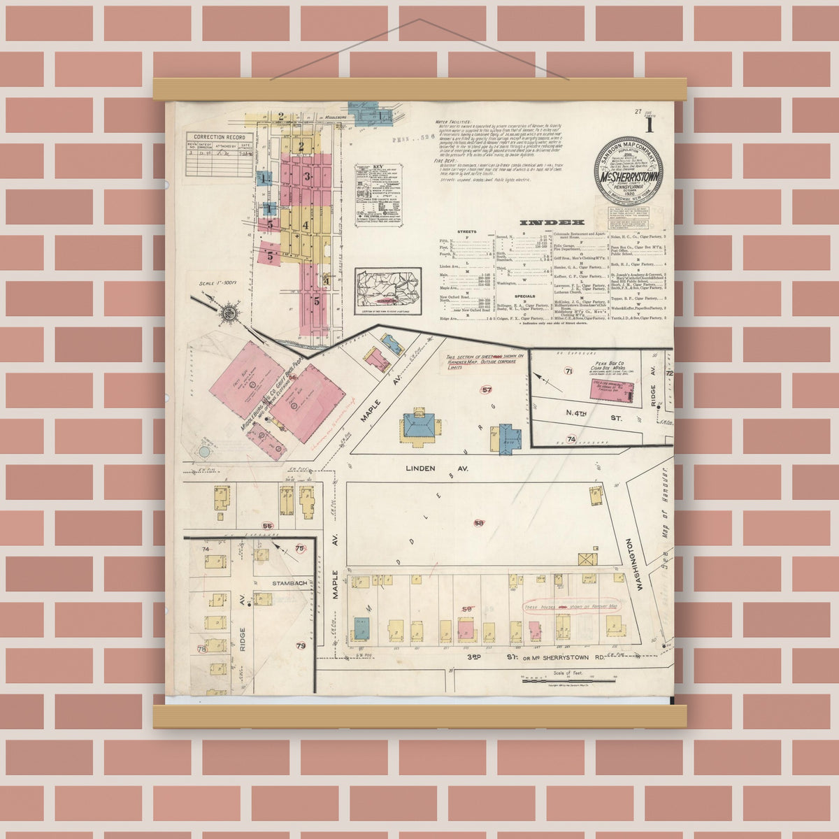 Old map wall art mockup — magnetic wood frame on brick wall — Sanborn Fire Insurance Map from McSherrystown, Adams County, Pennsylvania (1940) - Complete Map Set