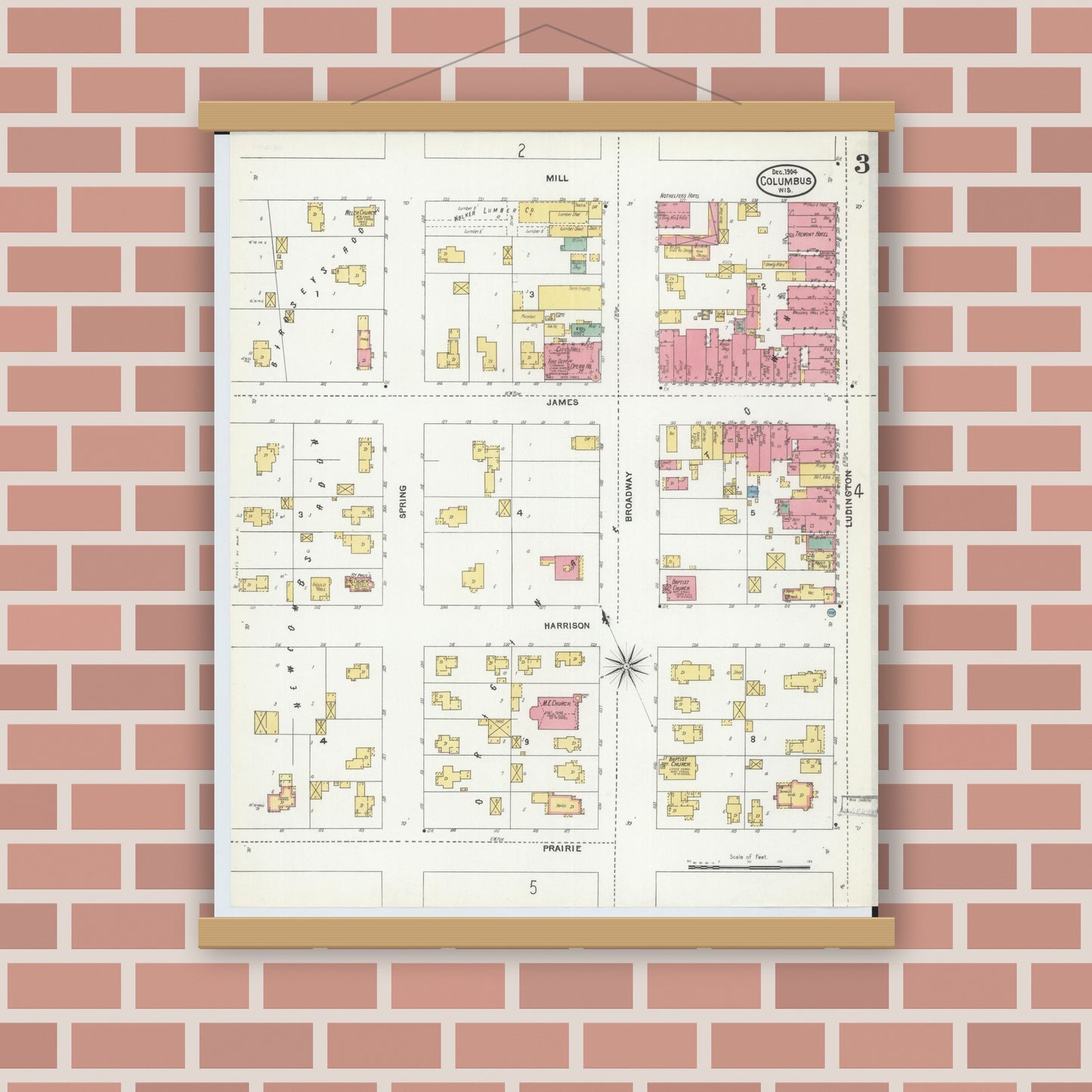 Old map wall art mockup — magnetic wood frame on brick wall — Sanborn Fire Insurance Map from Columbus, Columbia and Dodge County, Wisconsin (1904), Sheet #0003
