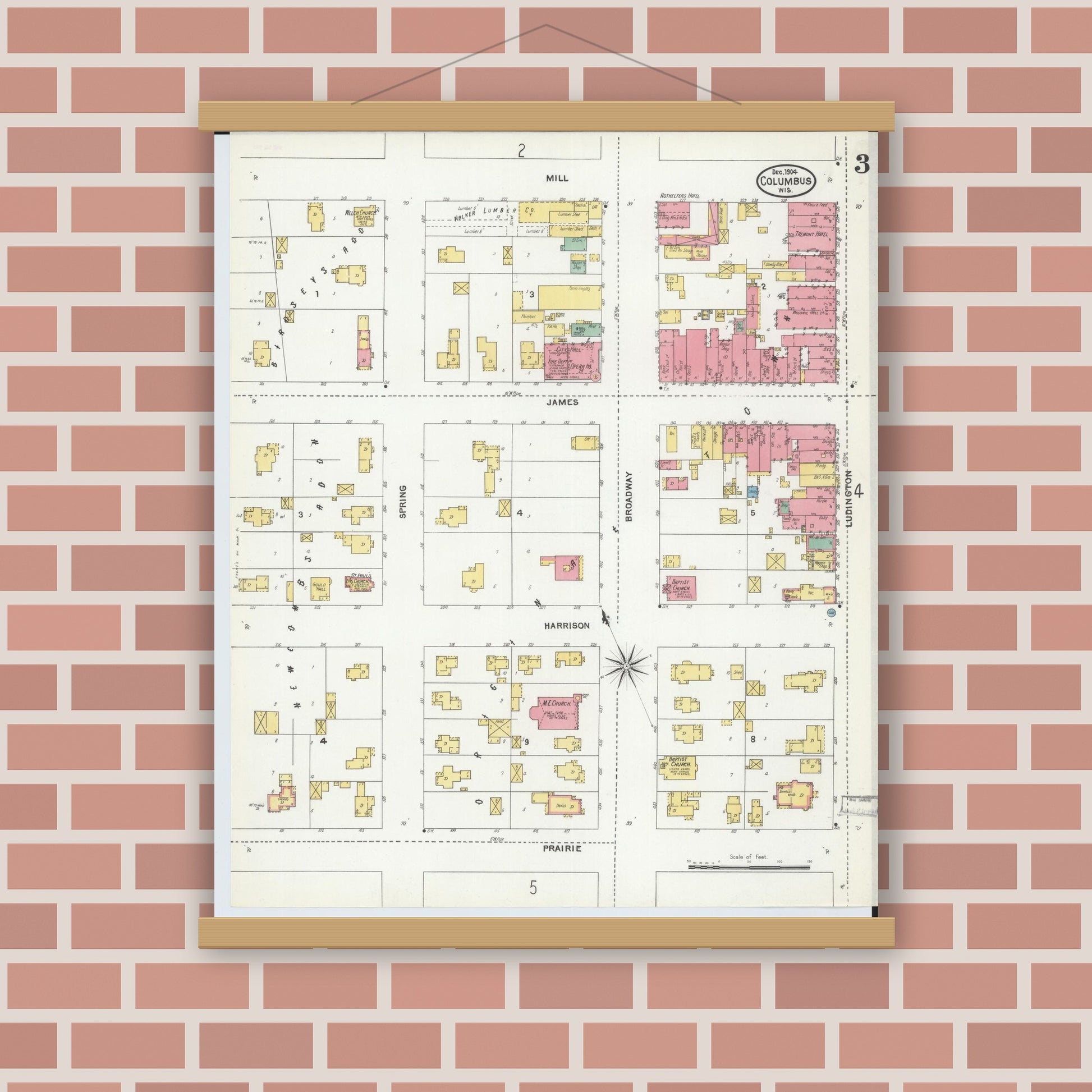 Old map wall art mockup — magnetic wood frame on brick wall — Sanborn Fire Insurance Map from Columbus, Columbia and Dodge County, Wisconsin (1904), Sheet #0003