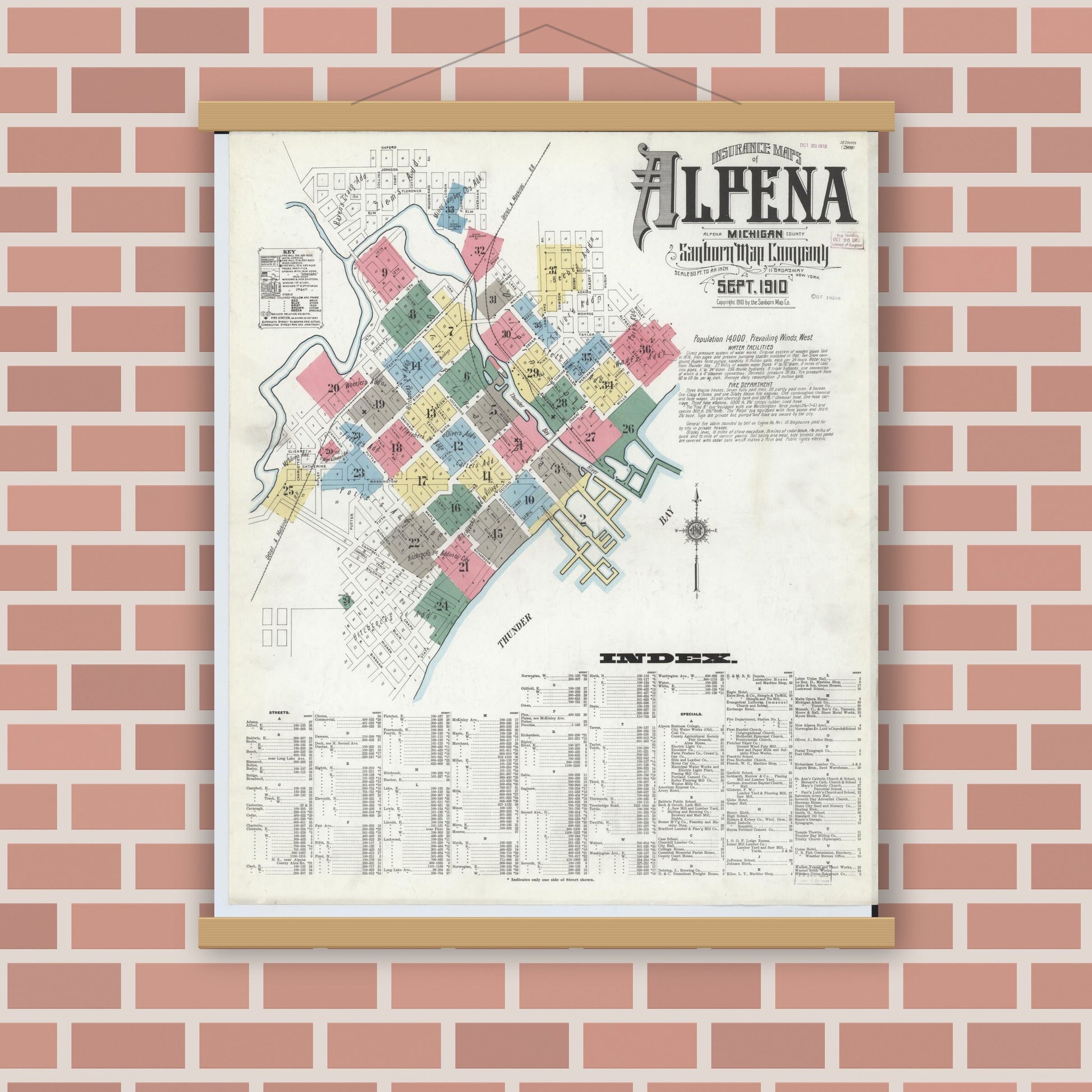 Old map wall art mockup — magnetic wood frame on brick wall — Sanborn Fire Insurance Map from Alpena, Alpena County, Michigan (1910) - Complete Map Set