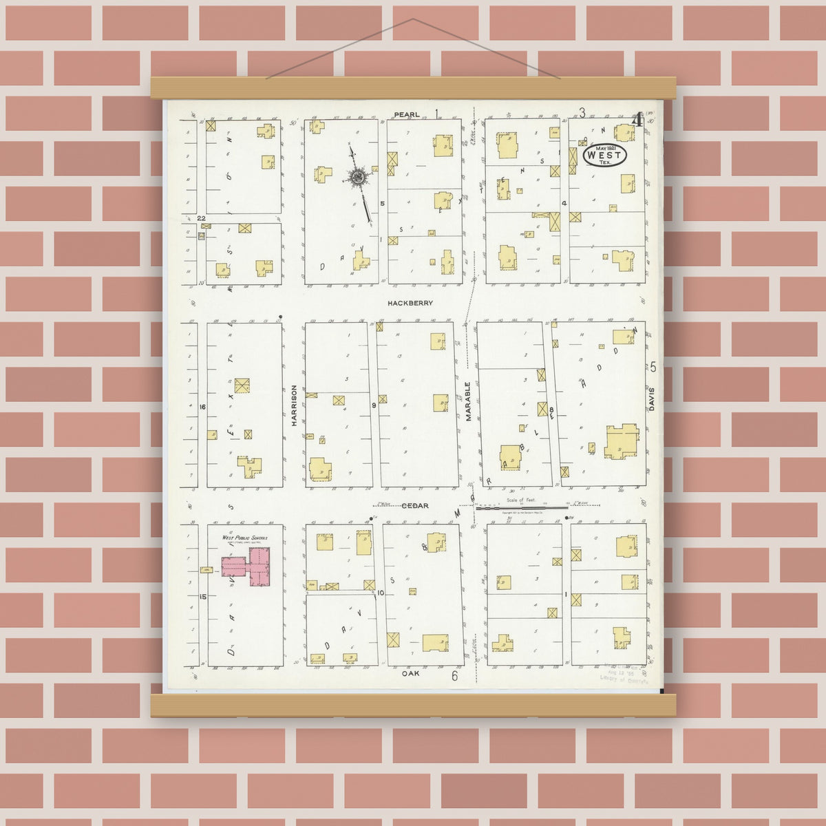 Old map wall art mockup — magnetic wood frame on brick wall — Sanborn Fire Insurance Map from West, McLennan County, Texas (1921), Sheet #0004