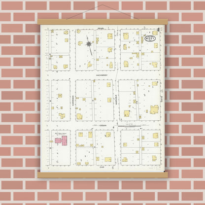 Old map wall art mockup — magnetic wood frame on brick wall — Sanborn Fire Insurance Map from West, McLennan County, Texas (1921), Sheet #0004