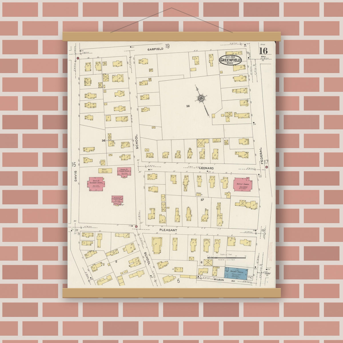 Old map wall art mockup — magnetic wood frame on brick wall — Sanborn Fire Insurance Map from Greenfield, Franklin County, Massachusetts (1922), Sheet #0016