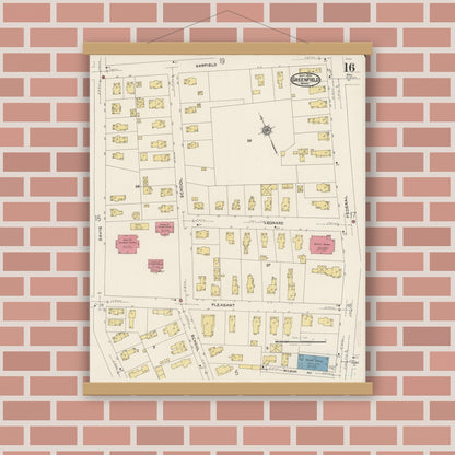Old map wall art mockup — magnetic wood frame on brick wall — Sanborn Fire Insurance Map from Greenfield, Franklin County, Massachusetts (1922), Sheet #0016