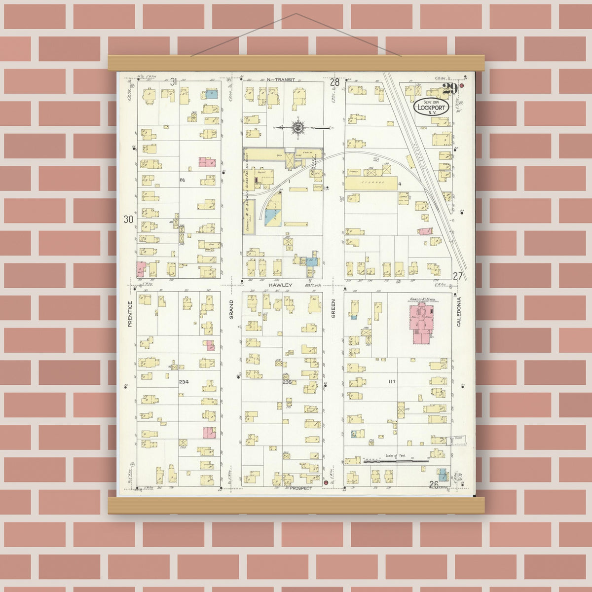 Old map wall art mockup — magnetic wood frame on brick wall — Sanborn Fire Insurance Map from Lockport, Niagara County, New York (1914), Sheet #0029