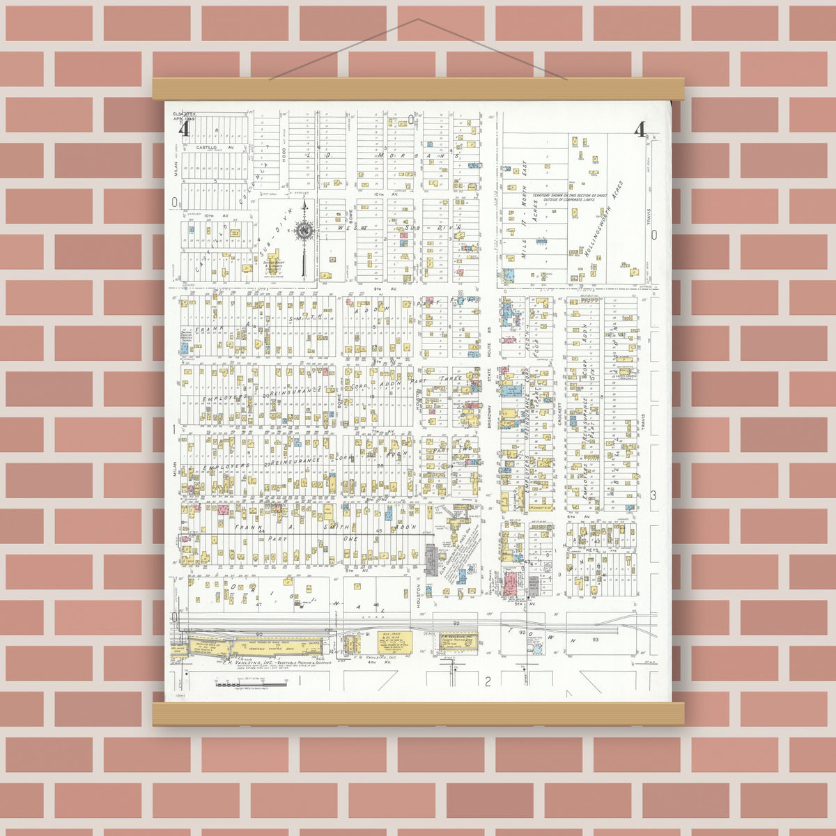 Old map wall art mockup — magnetic wood frame on brick wall — Sanborn Fire Insurance Map from Elsa, Hidalgo County, Texas (1949), Sheet #0004