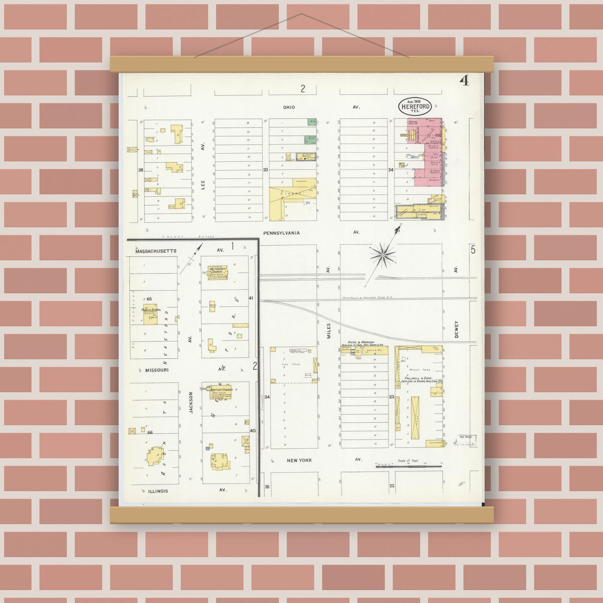Old map wall art mockup — magnetic wood frame on brick wall — Sanborn Fire Insurance Map from Hereford, Deaf Smith County, Texas (1908), Sheet #0004