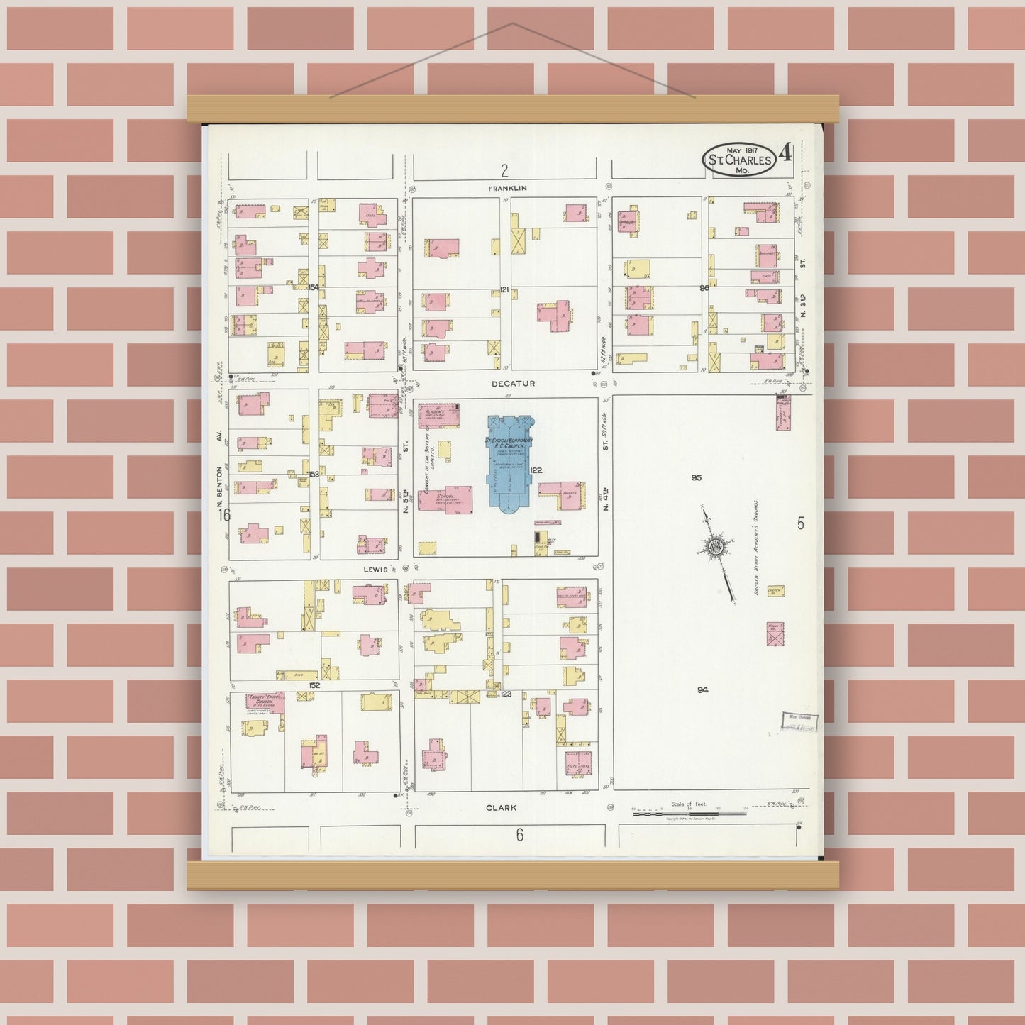 Old map wall art mockup — magnetic wood frame on brick wall — Sanborn Fire Insurance Map from Saint Charles, Saint Charles County, Missouri (1917), Sheet #0004