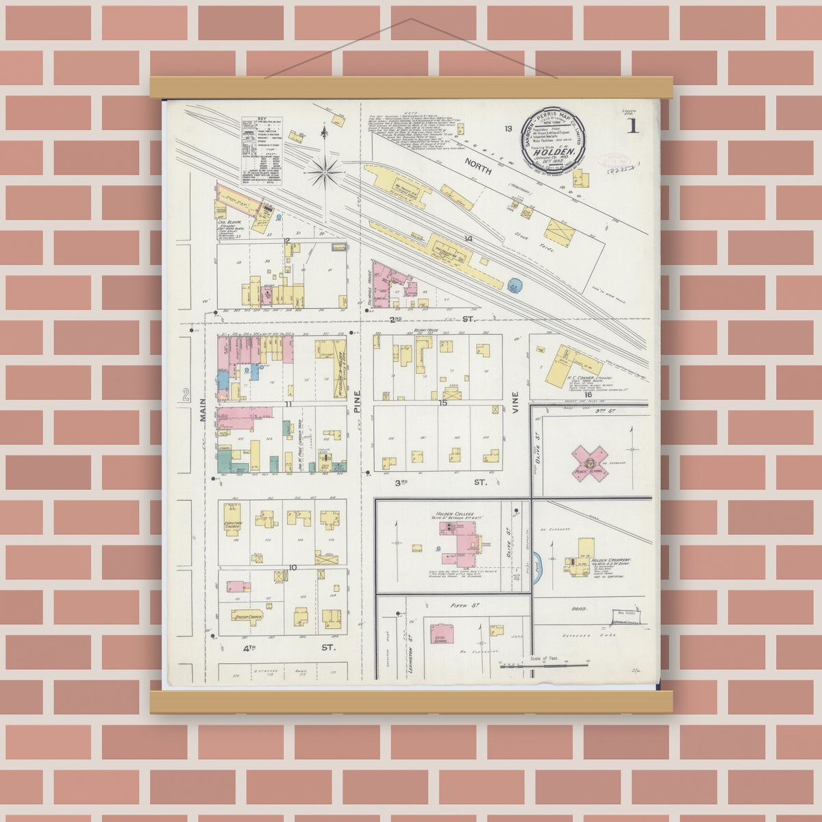 Old map wall art mockup — magnetic wood frame on brick wall — Sanborn Fire Insurance Map from Holden, Johnson County, Missouri (1892), Sheet #0001