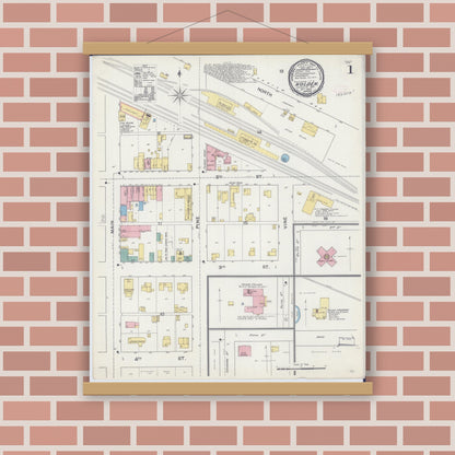 Old map wall art mockup — magnetic wood frame on brick wall — Sanborn Fire Insurance Map from Holden, Johnson County, Missouri (1892), Sheet #0001