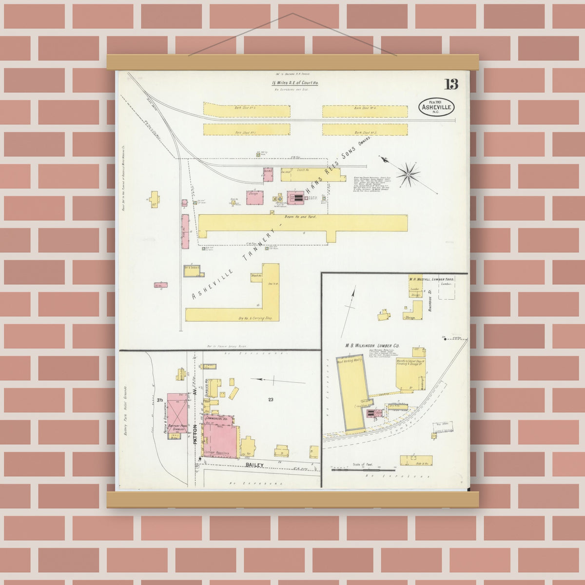 Old map wall art mockup — magnetic wood frame on brick wall — Sanborn Fire Insurance Map from Asheville, Buncombe County, North Carolina (1901), Sheet #0013