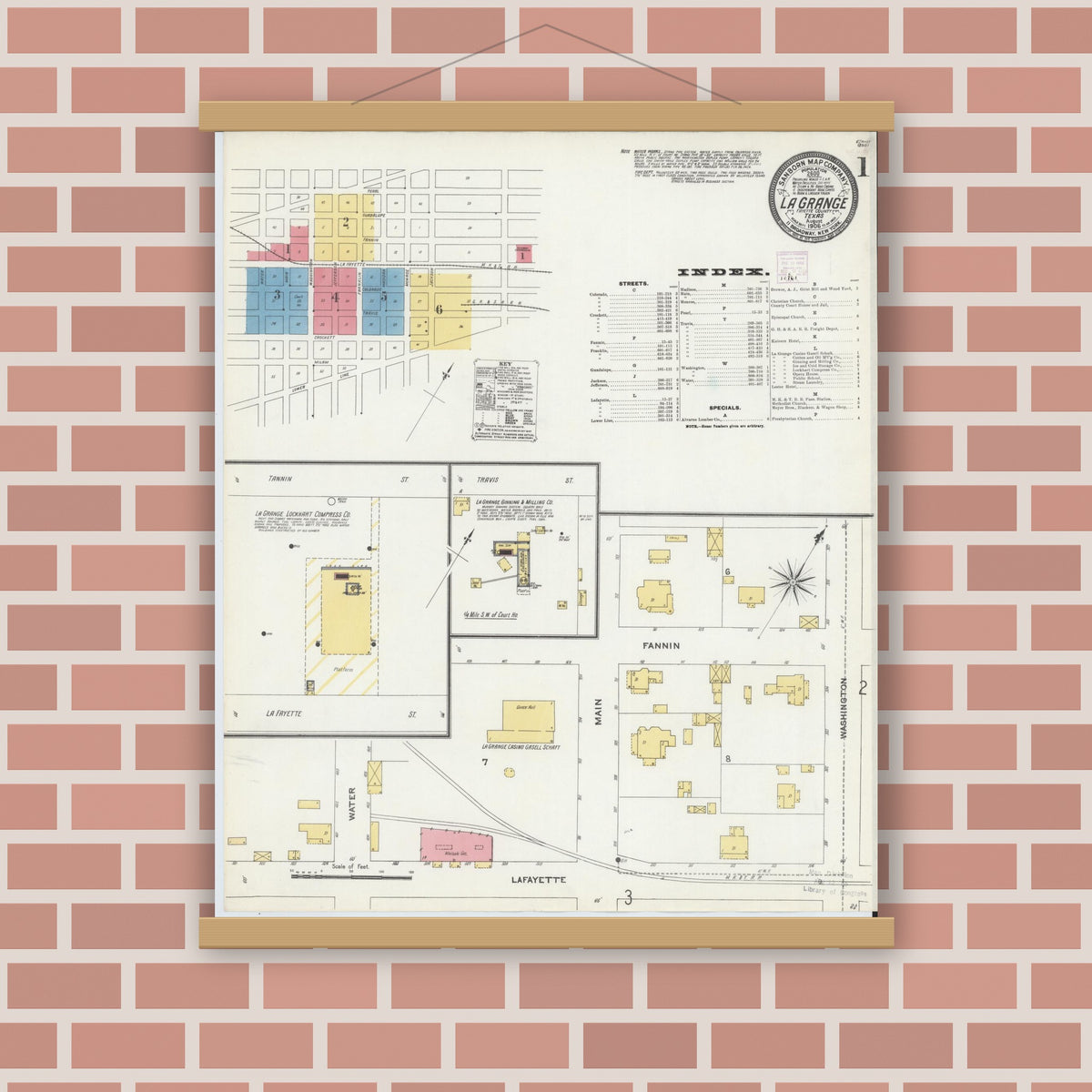 Old map wall art mockup — magnetic wood frame on brick wall — Sanborn Fire Insurance Map from La Grange, Fayette County, Texas (1906) - Complete Map Set