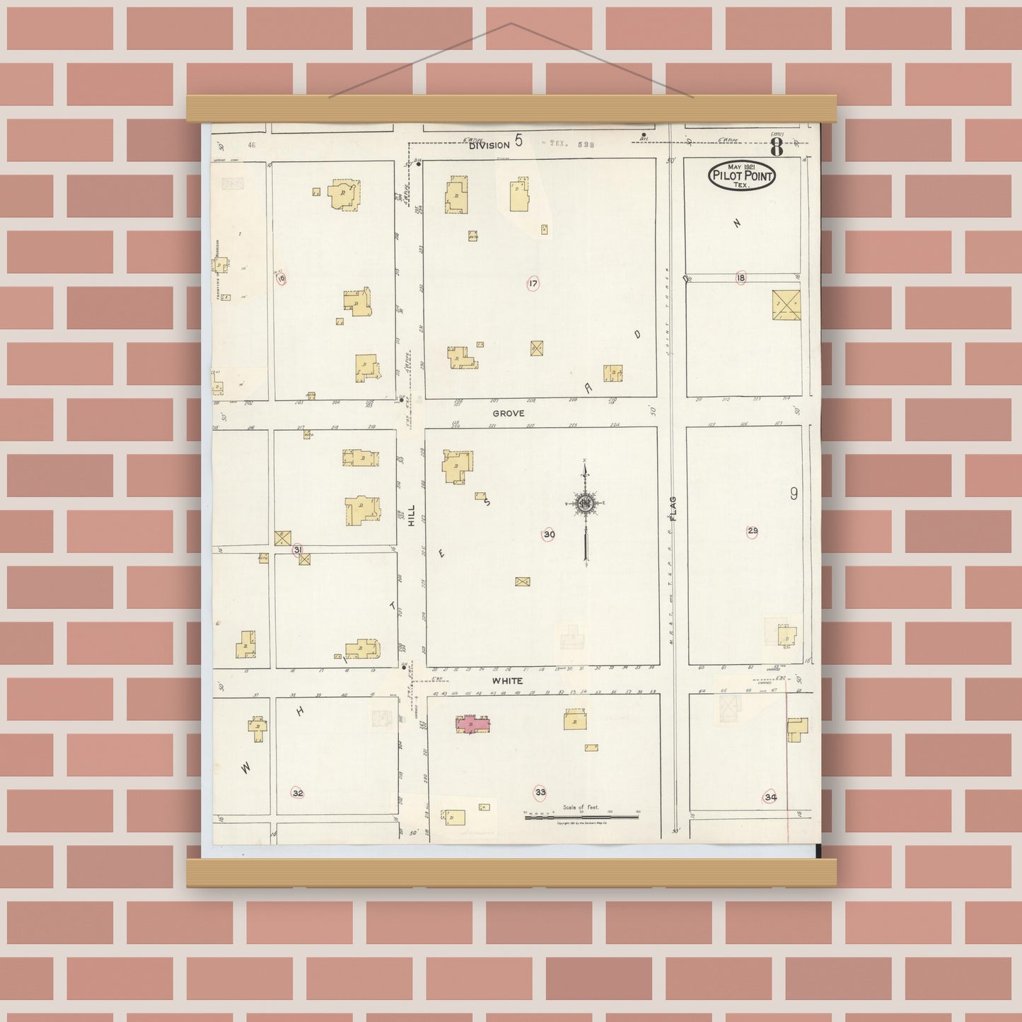 Old map wall art mockup — magnetic wood frame on brick wall — Sanborn Fire Insurance Map from Pilot Point, Denton County, Texas (1940), Sheet #0008
