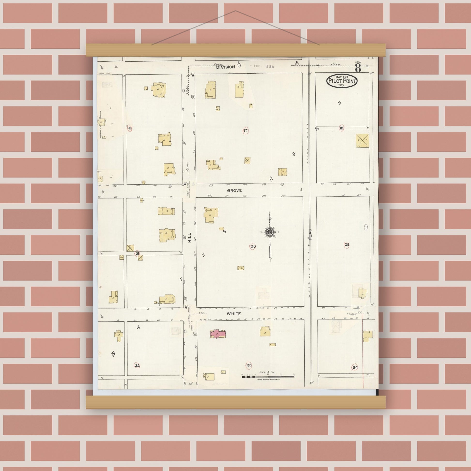 Old map wall art mockup — magnetic wood frame on brick wall — Sanborn Fire Insurance Map from Pilot Point, Denton County, Texas (1940), Sheet #0008