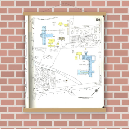 Old map wall art mockup — magnetic wood frame on brick wall — Sanborn Fire Insurance Map from Honolulu, Oahu County, Hawaii (1955), Sheet #0104