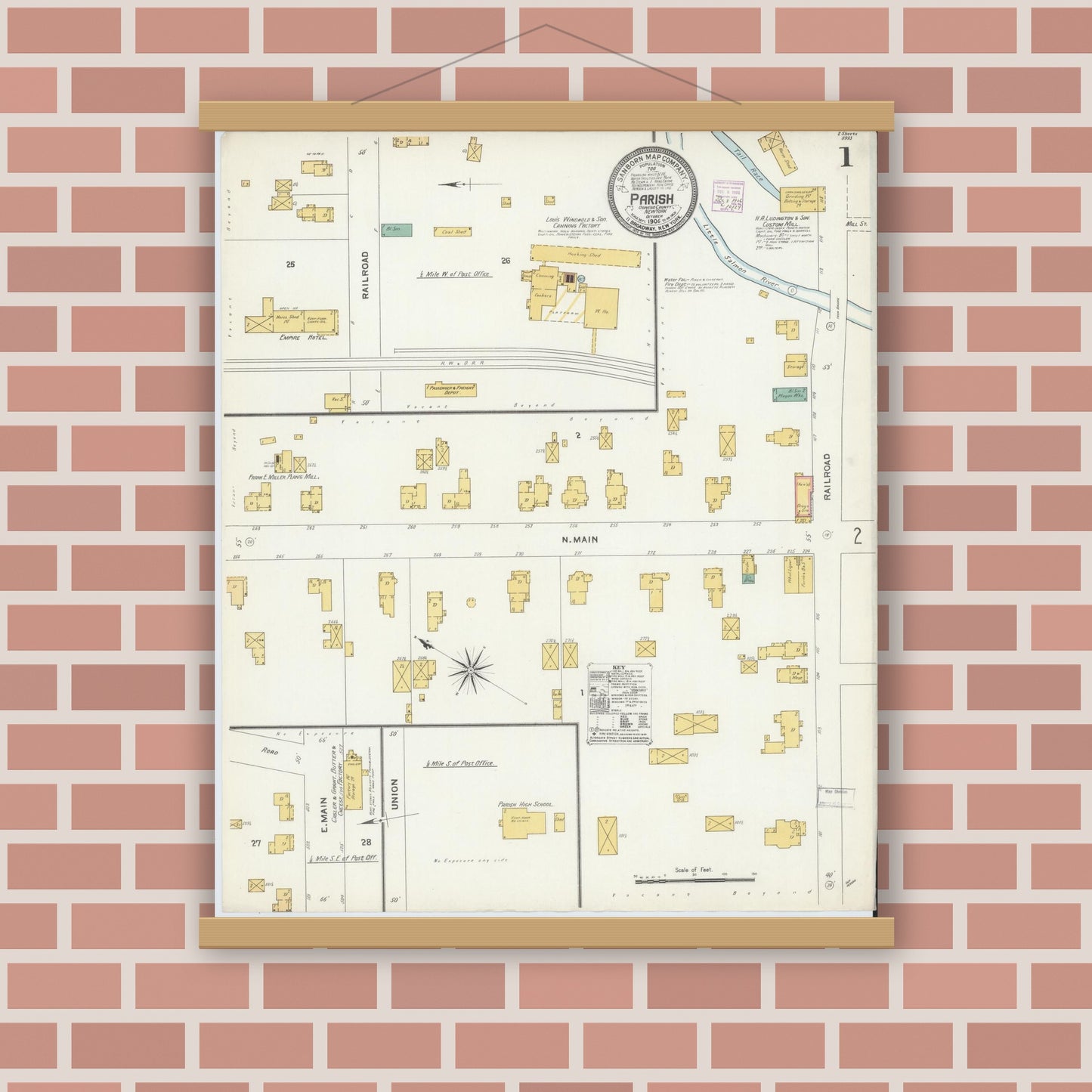 Old map wall art mockup — magnetic wood frame on brick wall — Sanborn Fire Insurance Map from Parish, Oswego County, New York (1906) - Complete Map Set